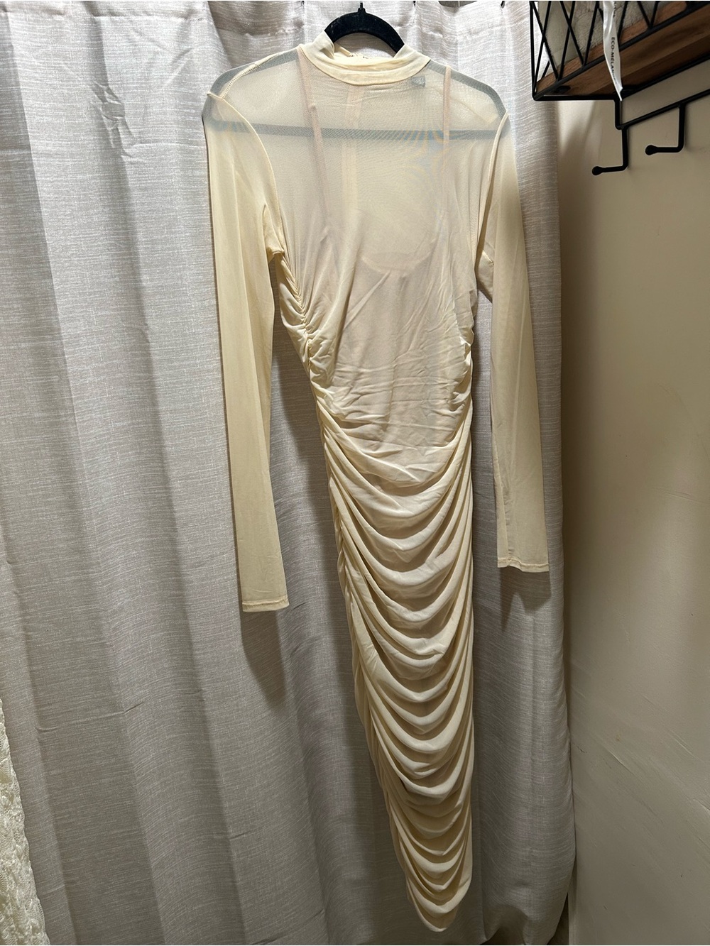 Cream Ruched Long-Sleeve Sheer Midi Dress